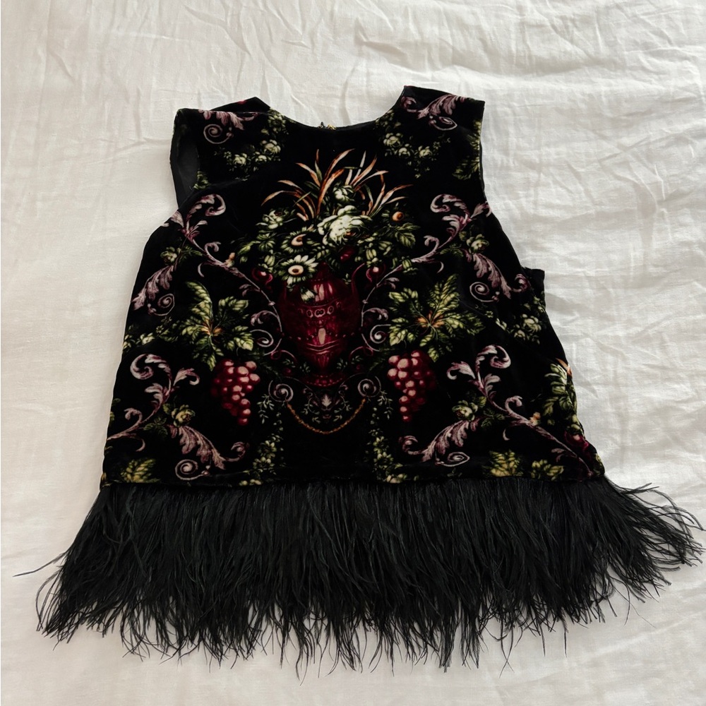 Cara Cara Velvet and Feather “Noah” Top in Black Fleur